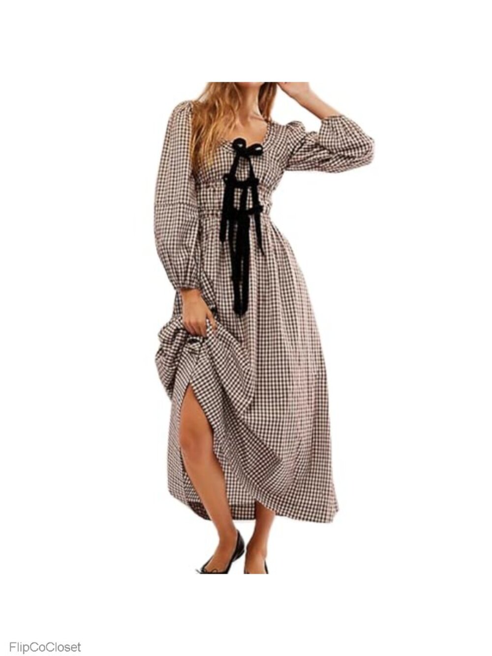 Women Plaid Maxi Dress Long Puff Sleeve Square Neck Flowy Boho Smocked Maternity